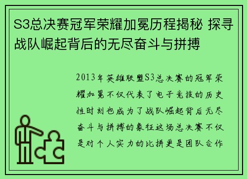 S3总决赛冠军荣耀加冕历程揭秘 探寻战队崛起背后的无尽奋斗与拼搏